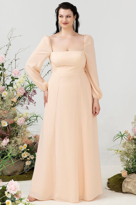 Square Neck Peach Long Bridesmaid Dress with Sleeves