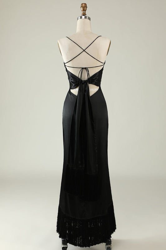 Spaghetti Straps Black Satin Prom Dress with Fringes