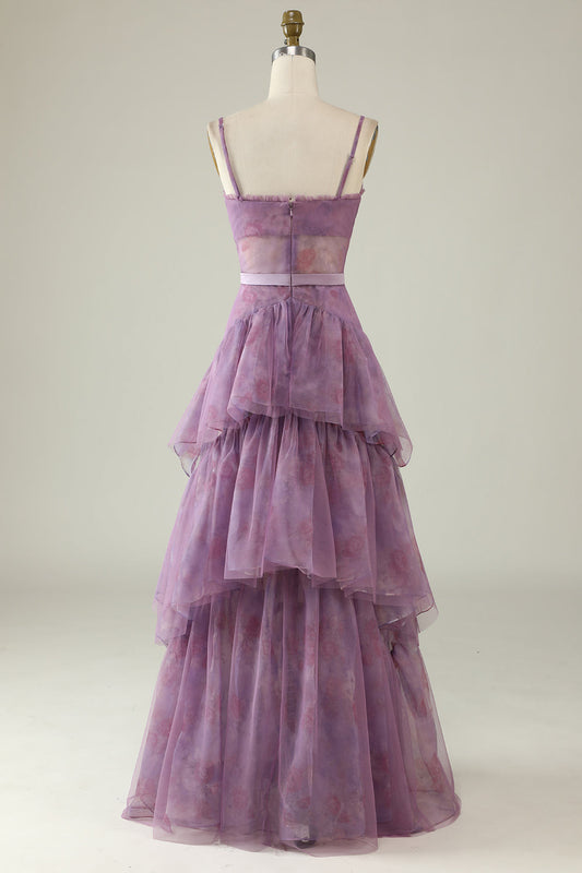 Purple Printed A-Line Corset Prom Dress