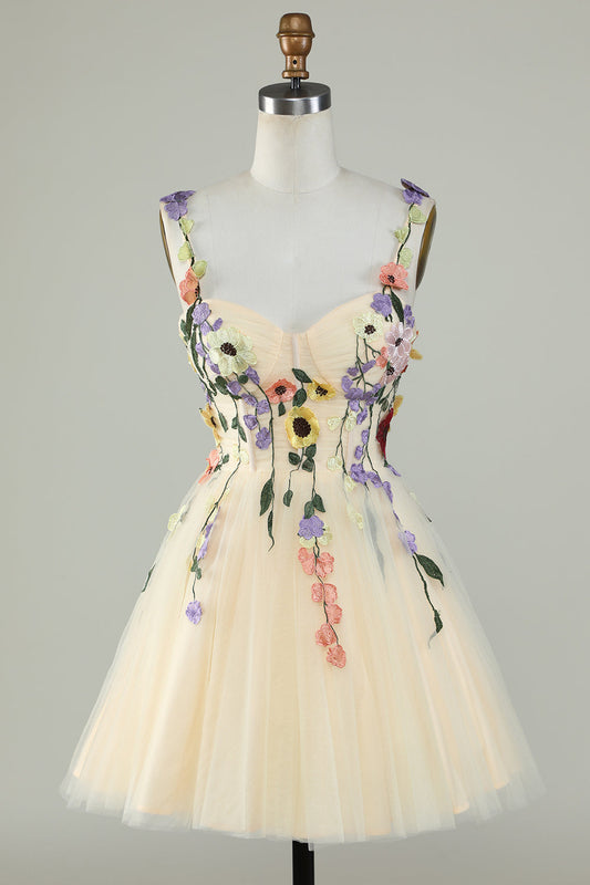 A-Line Spaghetti Strap Champagne Short Graduation Dress with Appliques