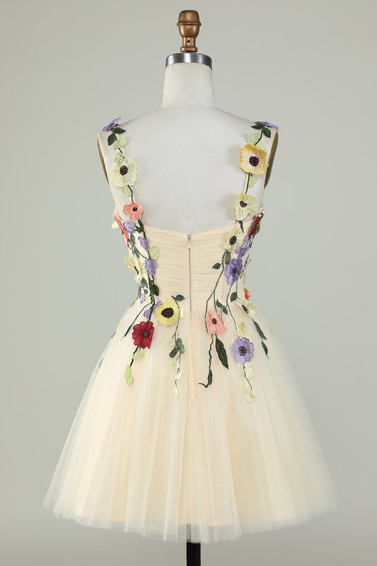 A-Line Spaghetti Strap Champagne Short Graduation Dress with Appliques