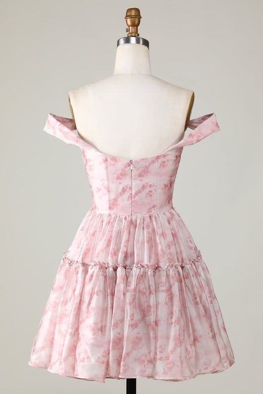 Robe courte de bal de fin d'année évasée à volants, imprimée blush