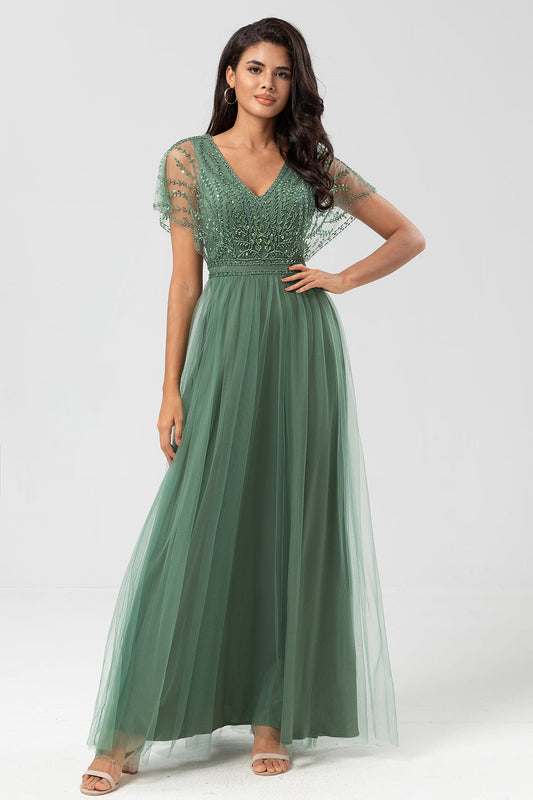 Robe de chorale longue trapèze en tulle vert perlé avec col en V