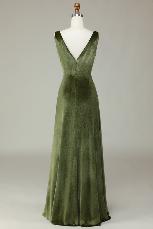 Robe de demoiselle d'honneur sans manches en velours olive à col en V