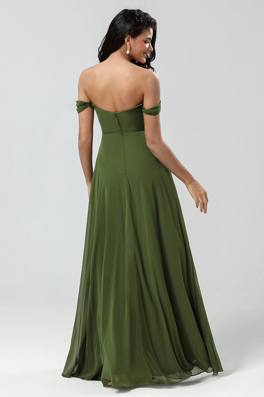 Off-the-Shoulder A-Line Olive Bridesmaid Dress with Slit