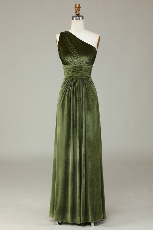 Robe de demoiselle d'honneur asymétrique en velours de couleur olive