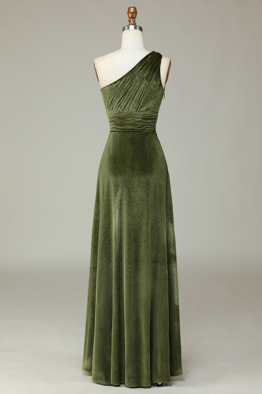 Robe de demoiselle d'honneur asymétrique en velours de couleur olive