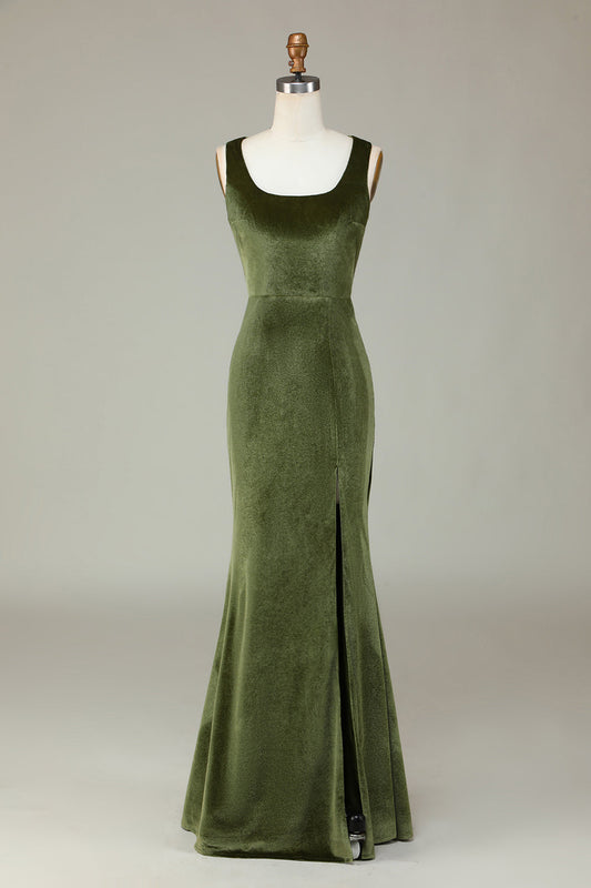 Robe de demoiselle d'honneur fendue en velours sirène olive
