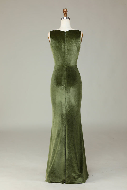 Robe de demoiselle d'honneur fendue en velours sirène olive