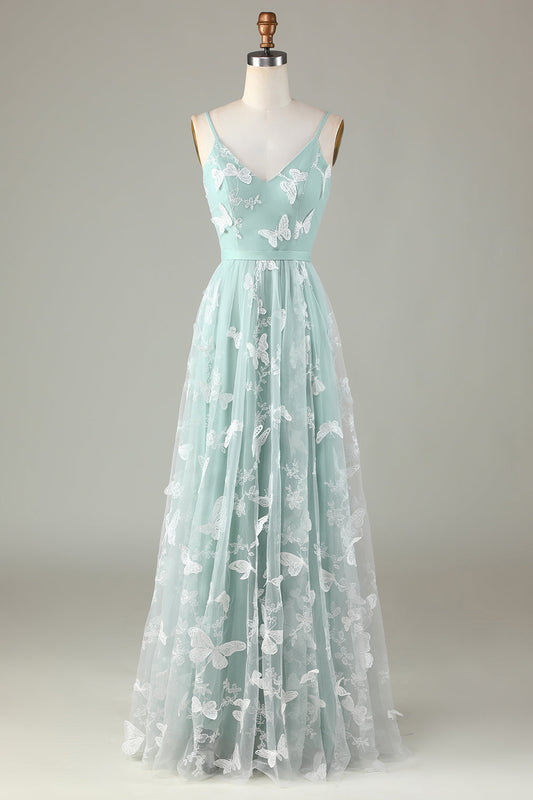 Robe de demoiselle d'honneur matcha en tulle à fines bretelles avec appliqués