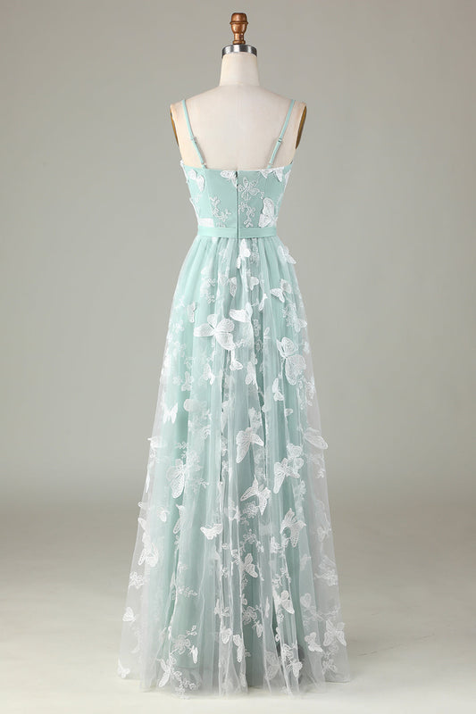 Robe de demoiselle d'honneur matcha en tulle à fines bretelles avec appliqués