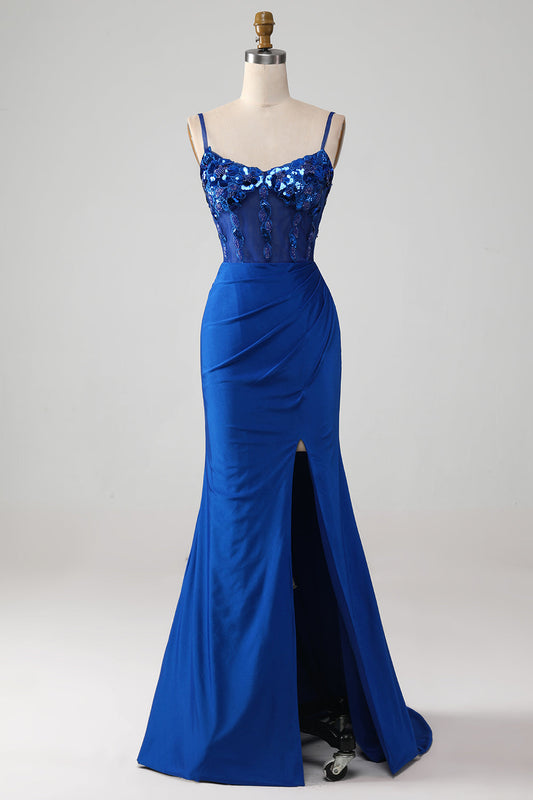Vestido de fiesta corsé azul rey con cuentas y abertura