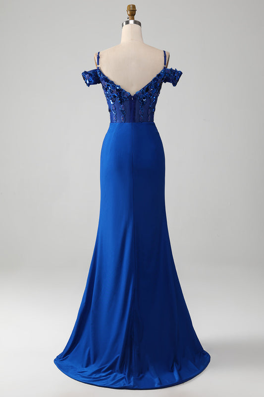 Vestido de fiesta corsé azul rey con cuentas y abertura