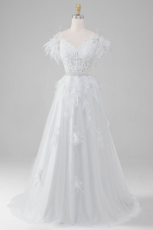 Rhinestone Accented White Corset Wedding Dress with Appliques