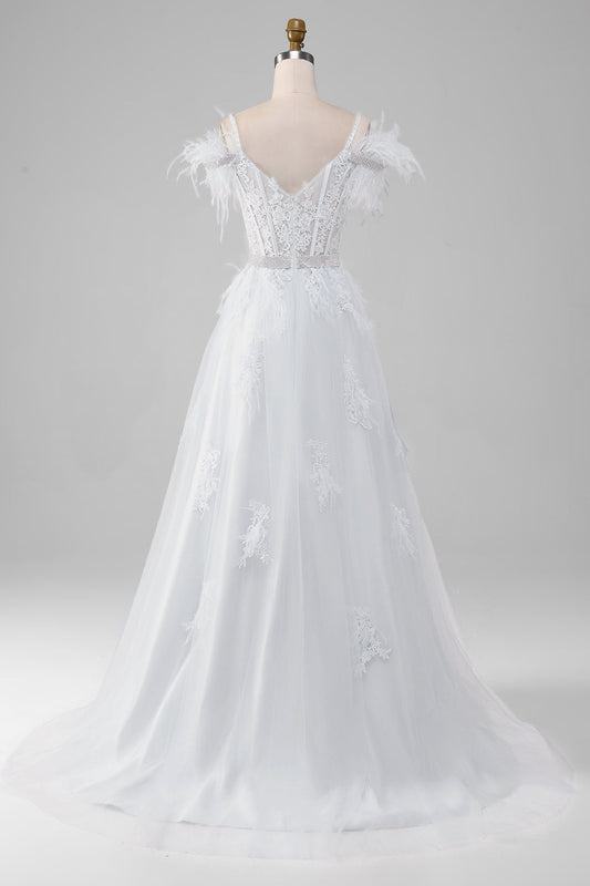 Rhinestone Accented White Corset Wedding Dress with Appliques