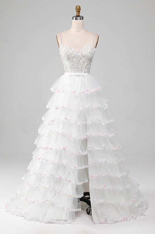 Sparkly White A-Line Tiered Long Corset Prom Dress With Slit