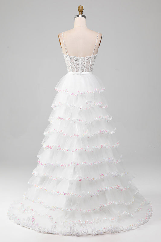 Sparkly White A-Line Tiered Long Corset Prom Dress With Slit