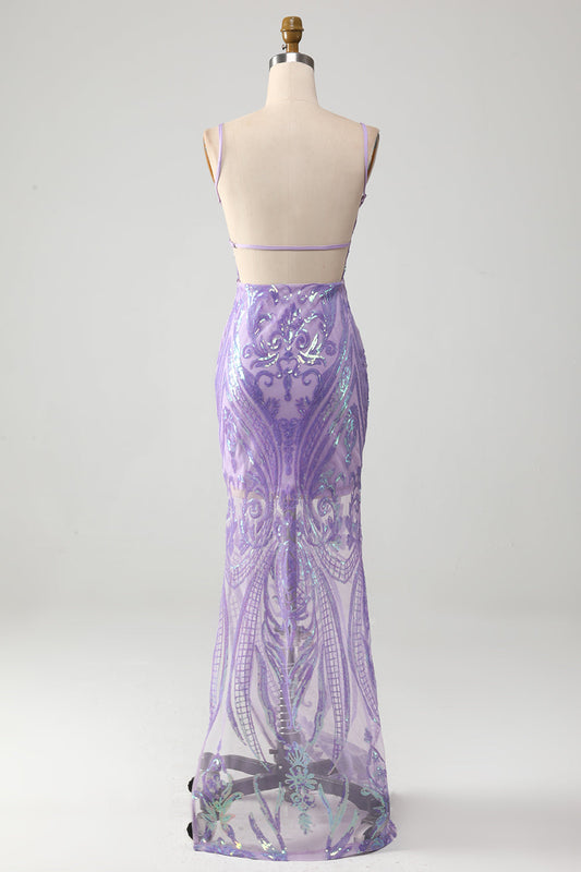 Vestido de fiesta sin espalda lila con lentejuelas