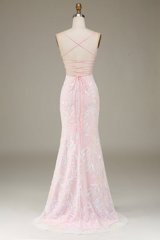 Sparkly Pink Mermaid Graduation Dress with Slit