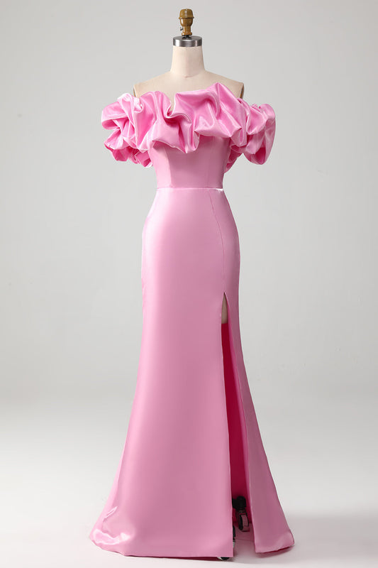 Mermaid Off-the-Shoulder Pink Prom Dress with Ruffles