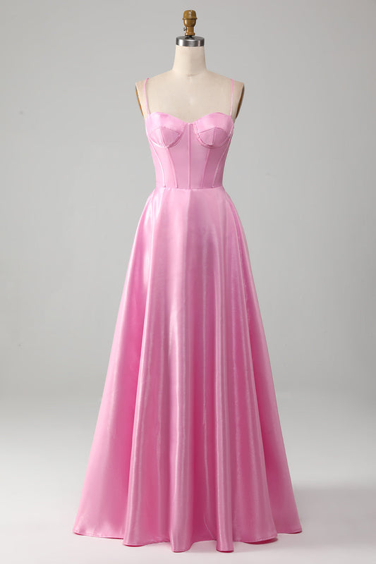 Vestido de fiesta con corsé rosa, tirantes finos y corte A