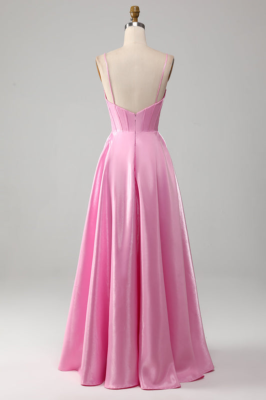 Vestido de fiesta con corsé rosa, tirantes finos y corte A