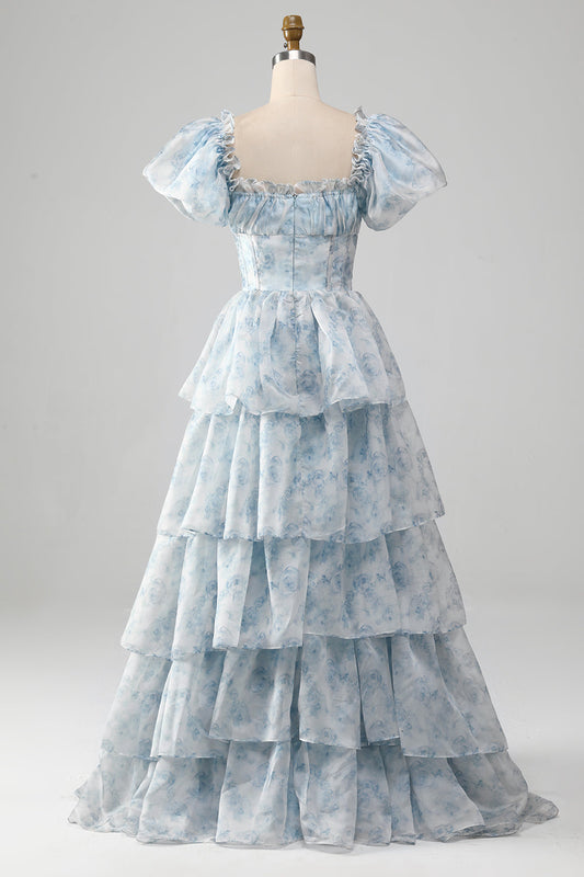 Organza Light Blue Tiered Prom Dress with Corset