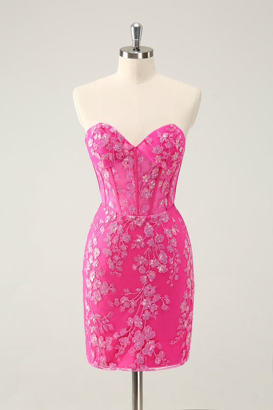 Robe de bal bustier fuchsia scintillant avec appliques