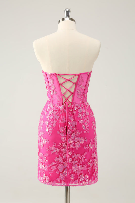 Robe de bal bustier fuchsia scintillant avec appliques