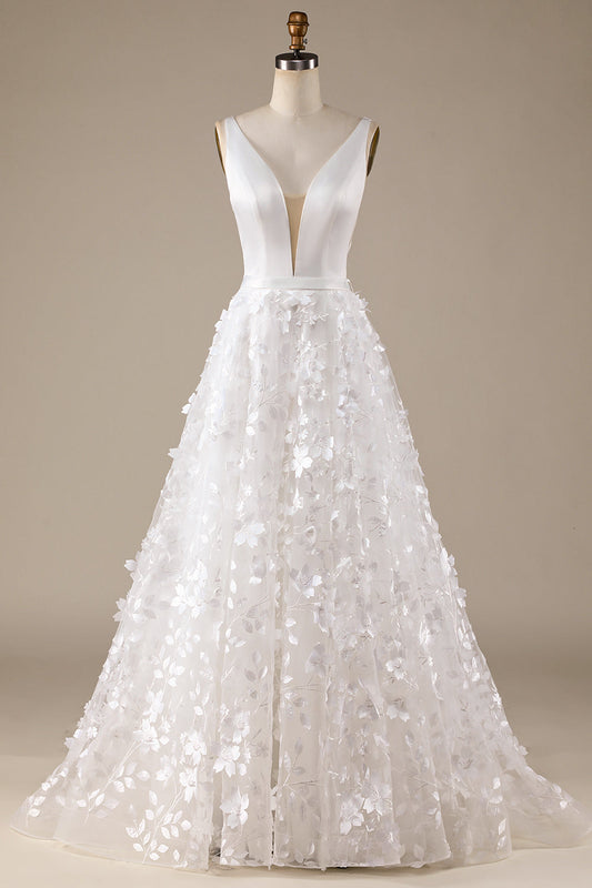 Robe de mariée ivoire trapèze en V avec fleurs 3D