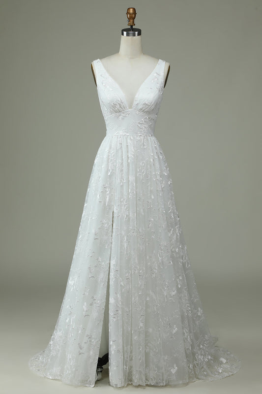 Robe de mariée ivoire en dentelle à col en V avec fente