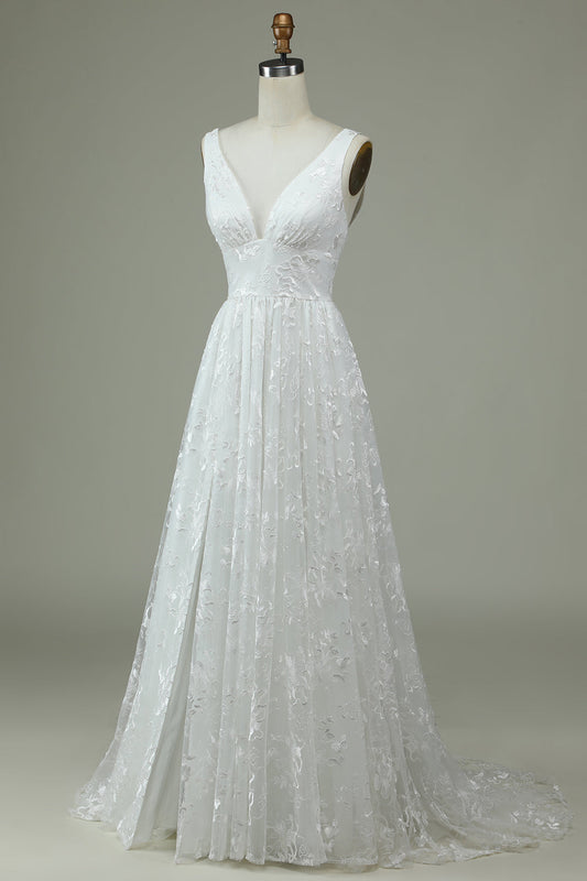 Robe de mariée ivoire en dentelle à col en V avec fente