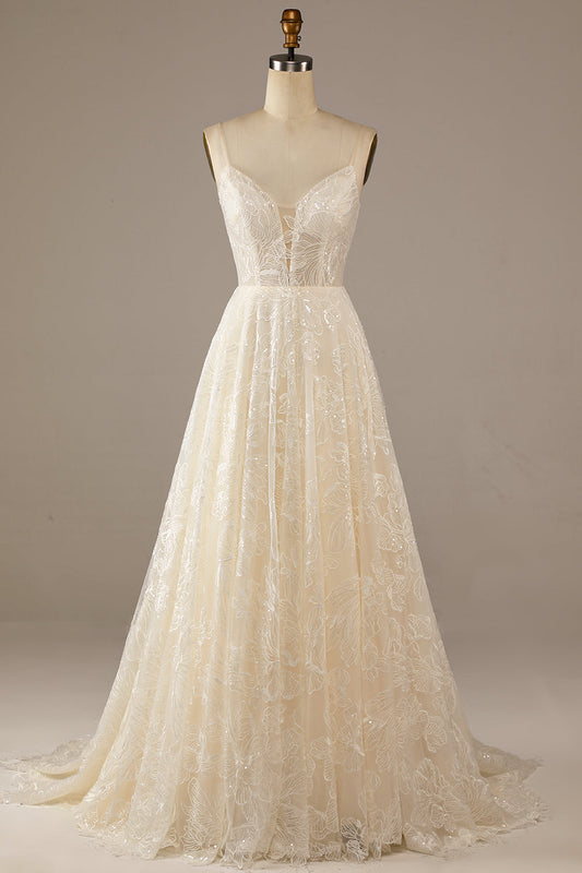 Robe de mariée Sparkly Apricot en dentelle avec traîne Sweep