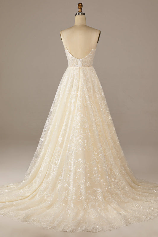 Robe de mariée Sparkly Apricot en dentelle avec traîne Sweep