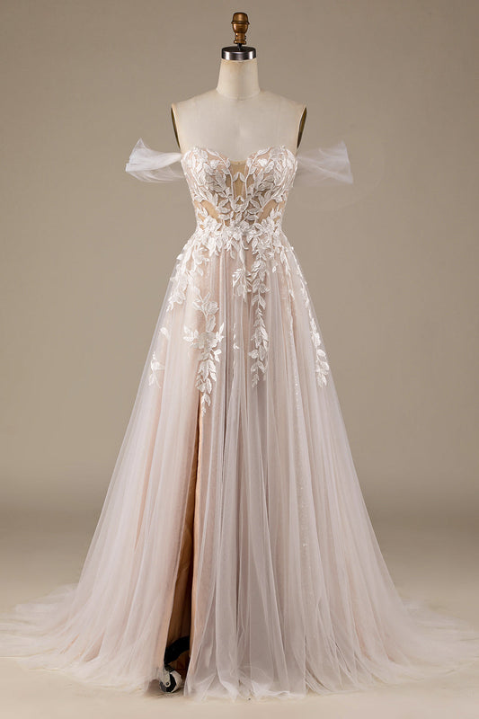 Robe de mariée champagne en tulle, amovible, avec épaules dénudées et dentelle