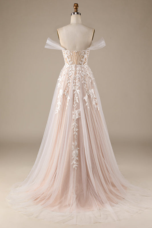 Robe de mariée champagne en tulle, amovible, avec épaules dénudées et dentelle