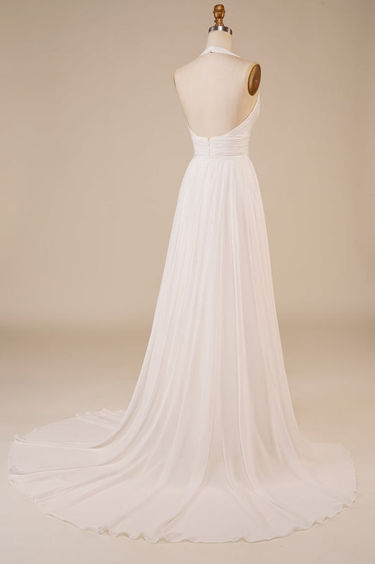 Robe de mariée A-Line dos nu ivoire avec fente et traîne balayage
