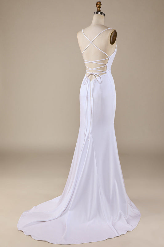 Robe de mariée sirène blanche à lacets et traîne balayage