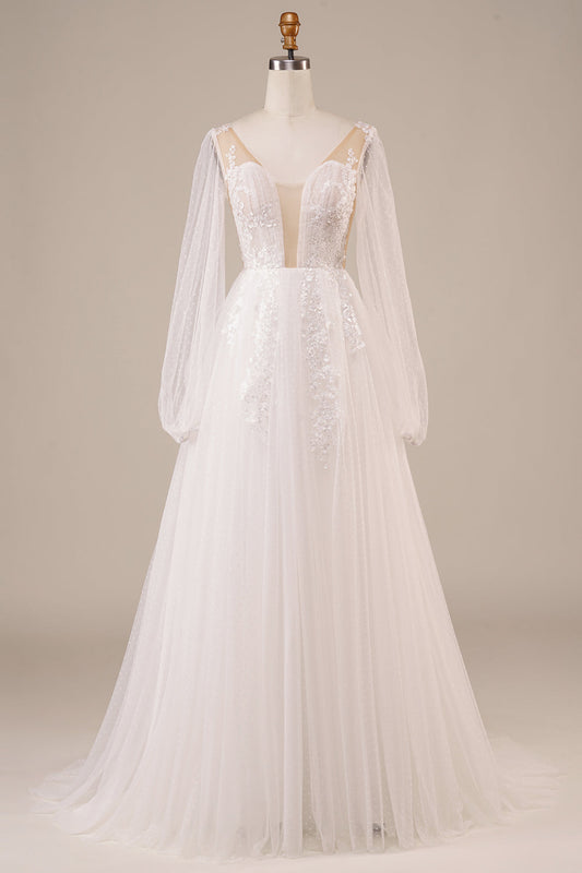 Robe de mariée ivoire à manches longues, dos ouvert et appliques
