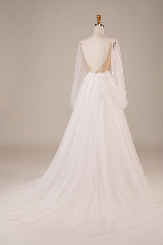 Robe de mariée ivoire à manches longues, dos ouvert et appliques