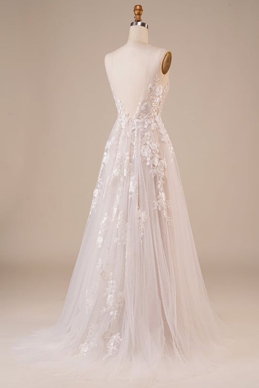 Robe de mariée longue en tulle, dos nu, ivoire, brodée