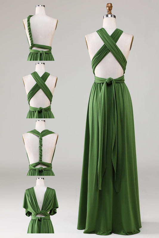 Olive Green Spandex Convertible Long Bridesmaid Dress