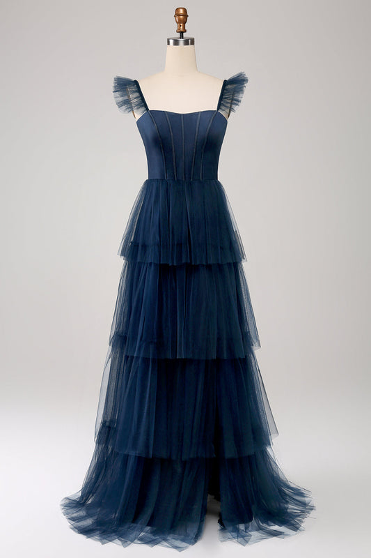 Navy Tulle Navy A-Line Tiered Corset Bridesmaid Dress with Slit