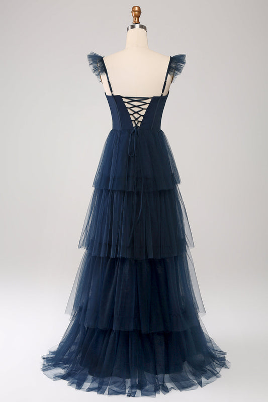 Navy Tulle Navy A-Line Tiered Corset Bridesmaid Dress with Slit