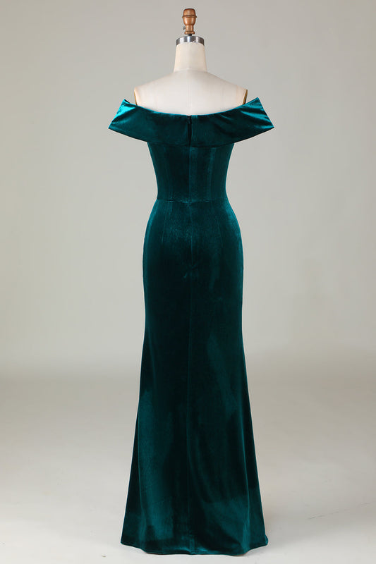 Off-the-Shoulder Peacock Green Velvet Mermaid Bridesmaid Dress With Slit