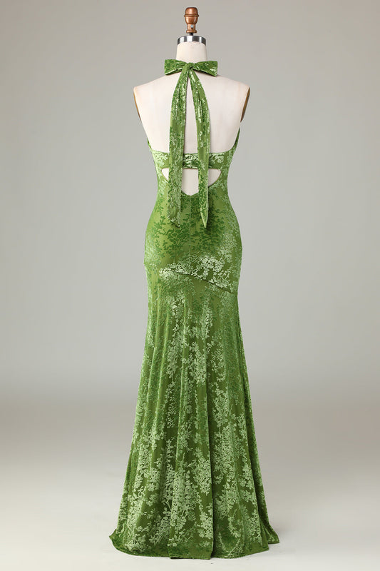 Robe de demoiselle d'honneur dos nu en velours olive