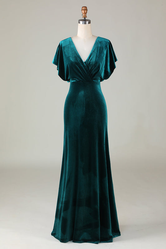 Robe de demoiselle d'honneur en velours à col en V paon avec volants