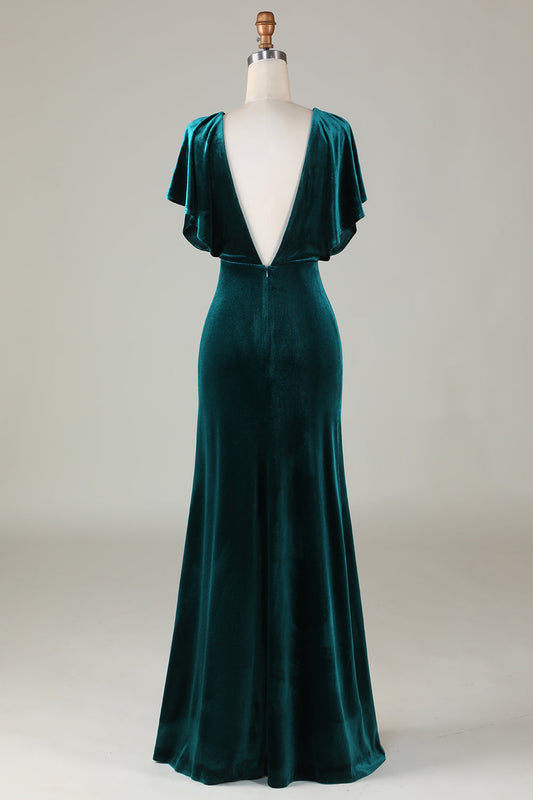 Robe de demoiselle d'honneur en velours à col en V paon avec volants