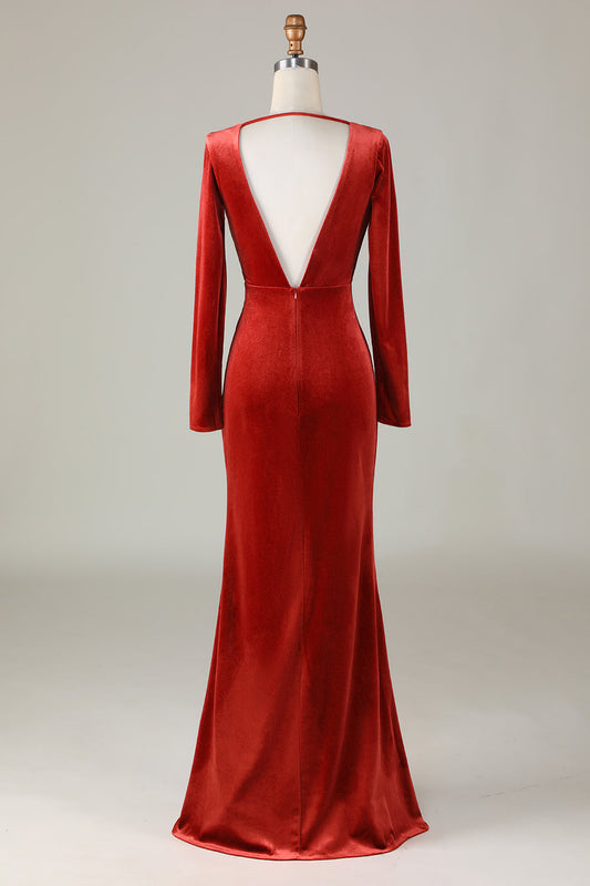 Robe demoiselle d'honneur longue à manches longues sirène terracotta en velours