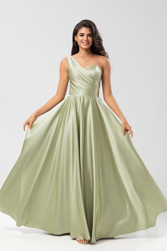 One-Shoulder Satin Green Bridesmaid Dress with Pockets